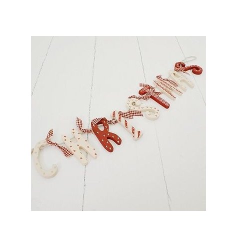 A nordic inspired red and white Christmas garland with gingham bows and a string hanger. 
