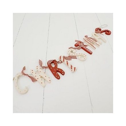 Red and white rustic, wooden Christmas garland. Very popular Christmas decoration