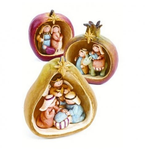 An assortment of 3 Christmas fruits filled with a traditional nativity scene.