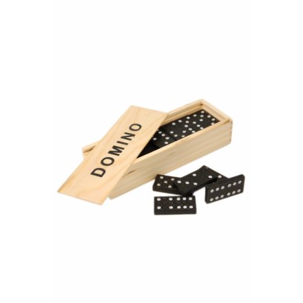 Traditional dominoes game in wooden box and retro display box of 12