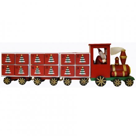 Fine quality traditional advent train with individual drawers and a Santa driver.