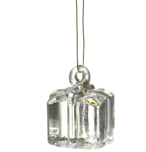 An elegant glass Christmas present decoration with gold ribbon detailing. Complete with gold hanger.