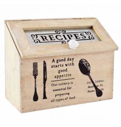 A vintage inspired wooden recipe box covered with scripted text decals 