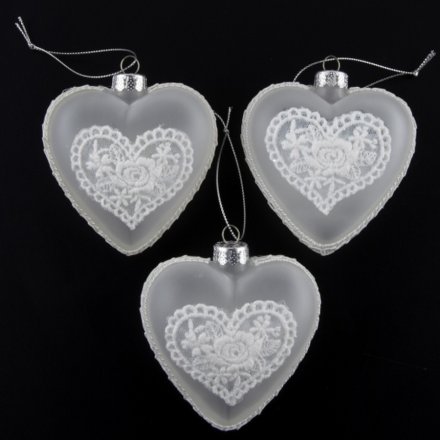 Set of 3 Frosted Glass Hearts with Lace