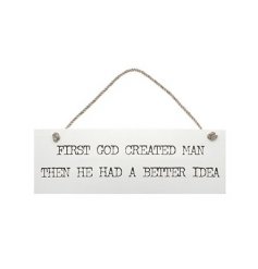 Wooden hanging plaque 'First God created man...'