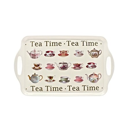 Large tea time tray with vintage tea pot and cup and saucer design.