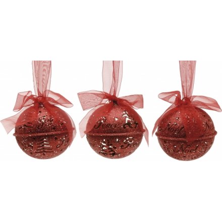 Red Glittered Jingle Bell Metal Baubles 8.5cm