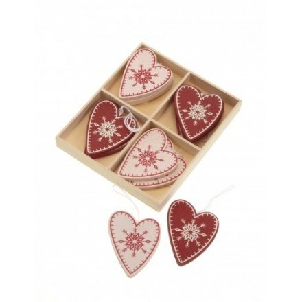 Box of 12 Wooden Red and Cream Heart Decs