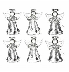 A beautiful set of six glass angels with intricate detailing, including decorative wings and halo.