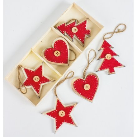 Wooden White/Red Hanging Decorations, Set 6