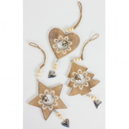 Vintage wooden decorations in a heart, star and tree design with cream floral detailing, beads and a silver heart.