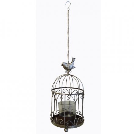 Glamorous bird cage t-light holder with decorative details and chain to hang. 