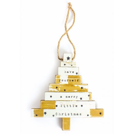 Rustic white and wooden hanging tree shaped decoration reading 'have yourself a merry little christmas'. 