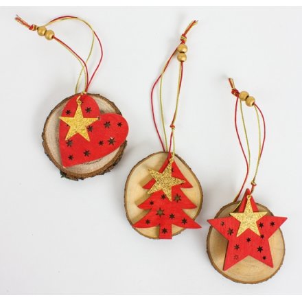 Christmas Wooden Red/Gold Hanging Decorations, 3a
