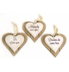 3 Assorted heart decorations, each with loving script