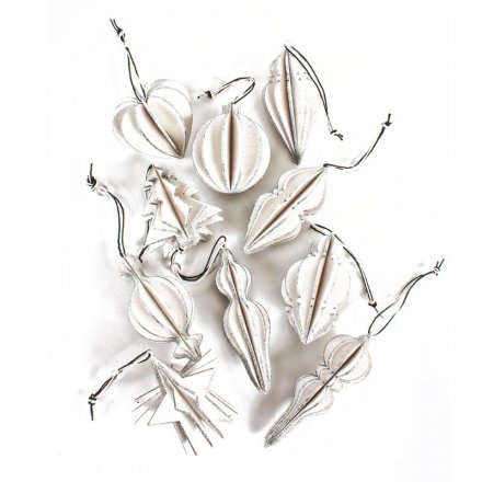 An assortment of contemporary 3D wooden decorations with a silver glitter trim and white and black ribbon to hang.