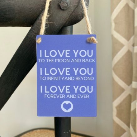Small metal sign with three cute 'I Love You' messages and heart illustration