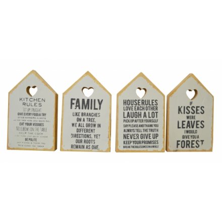 Cute wooden house shaped sign in pastel and natural colours with popular slogans. 