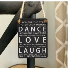  A black toned mini metal sign complete with a scripted text decal and jute rope hanger 