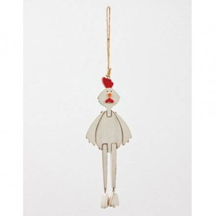 White wooden hanging chicken with red and orange details. 