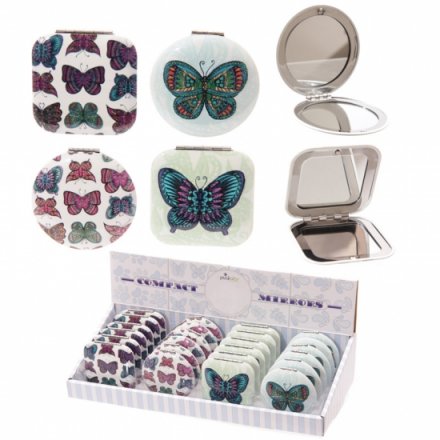 2 Assorted compact mirrors with colourful butterfly design