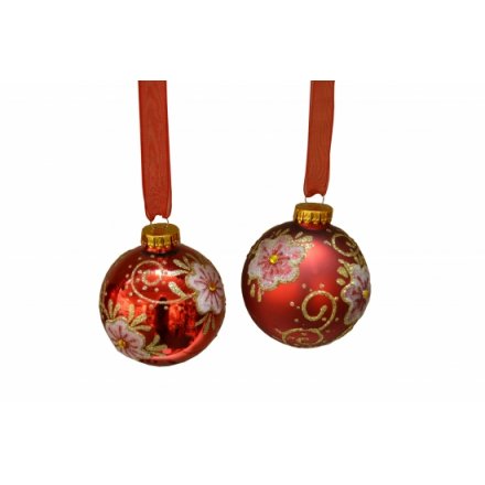 Red and Gold Glitter Flower Glass Baubles