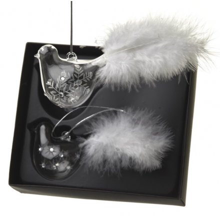 Set Of 2 Glass Birds With White Feathers