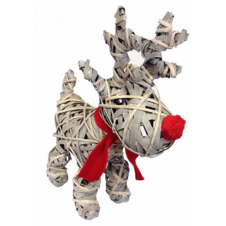 A standing rustic woven reindeer decoration with a red fabric nose and scarf. 