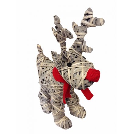 A fabulous standing reindeer made from willow with a red fabric nose and scarf.