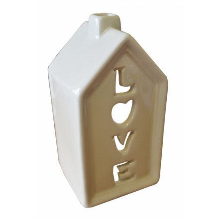 Cream house shaped Tlight holder with LOVE cutout