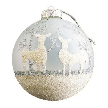 Opaque Glass Bauble With Deer &amp; Glitter