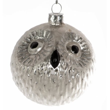 Shiny Silver Glass Owl Ornament 8cm