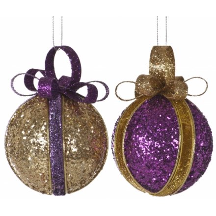 Purple and Gold Balls With Bow 8cm