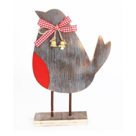 A large wooden robin ornament with gingham ribbon and gold bells. 
