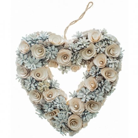 White Pinecone Heart Wreath 34cm
