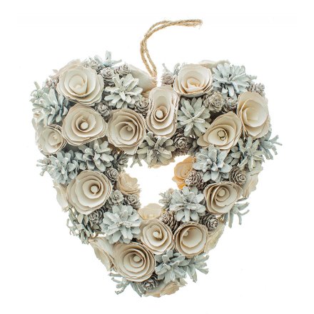 A beautifully detailed heart shaped wreath with wooden roses and pinecones in assorted sizes.