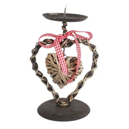 Metal candle holder with wicker heart detail and gingham bow to finish