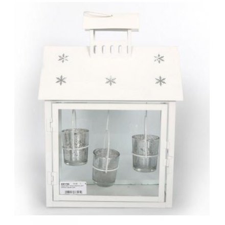Glass lantern with triple hanging Tlight holders inside and frosted Christmas image