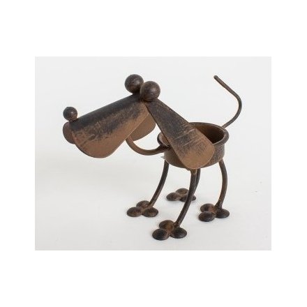 Metal dog Tlight holder with quirky style and rustic finish