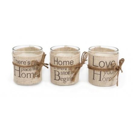 Chic candle pots with linen wrap, each with sentimental wording