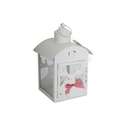 White metal Christmas lantern with festive cutouts and gingham ribbon