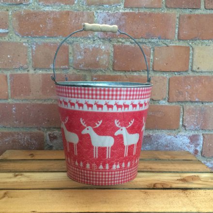 Zinc bucket with reindeer design in a festive red colour