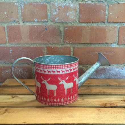 Zinc watering can with reindeer images in a festive red colour