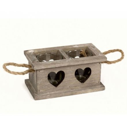 2 Space Wooden Heart Tray Candle Holder