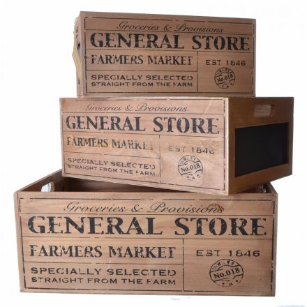 A set of General Store, Farmers Market wooden crates, each with a chalkboard sign.