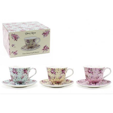 Colourful cup and saucer sets with floral Ditsy Rose patterns and matching gift box