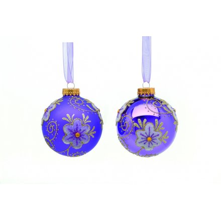 Hanging glass baubles in an assortment of 2 with glitter flower detail