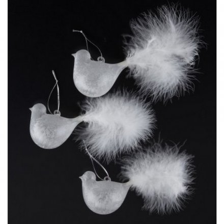 Set Of 3 Frosted Birds With Feathers