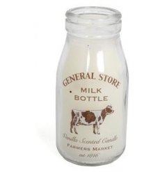 A rustic General Store milk bottle candle with a vanilla fragrance.