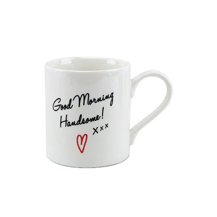 A white ceramic mug with gift box, decorated with stylish 'good morning handsome' text.